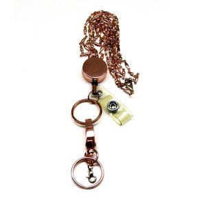Retractable ID Badge Holder Rose Gold Tone 33" Necklace With Key Rings